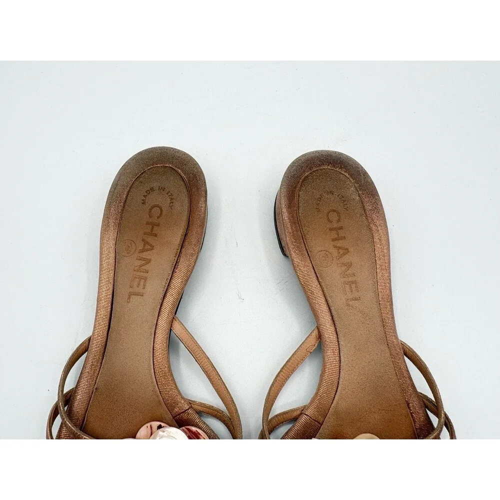 Chanel Peach Pink Sandals w/ CC Logo Shell Button Accents Y2K Sz EU 36